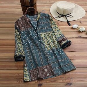Graphic Patchwork Blue Brown Long Sleeve Tunic Blouse 5X